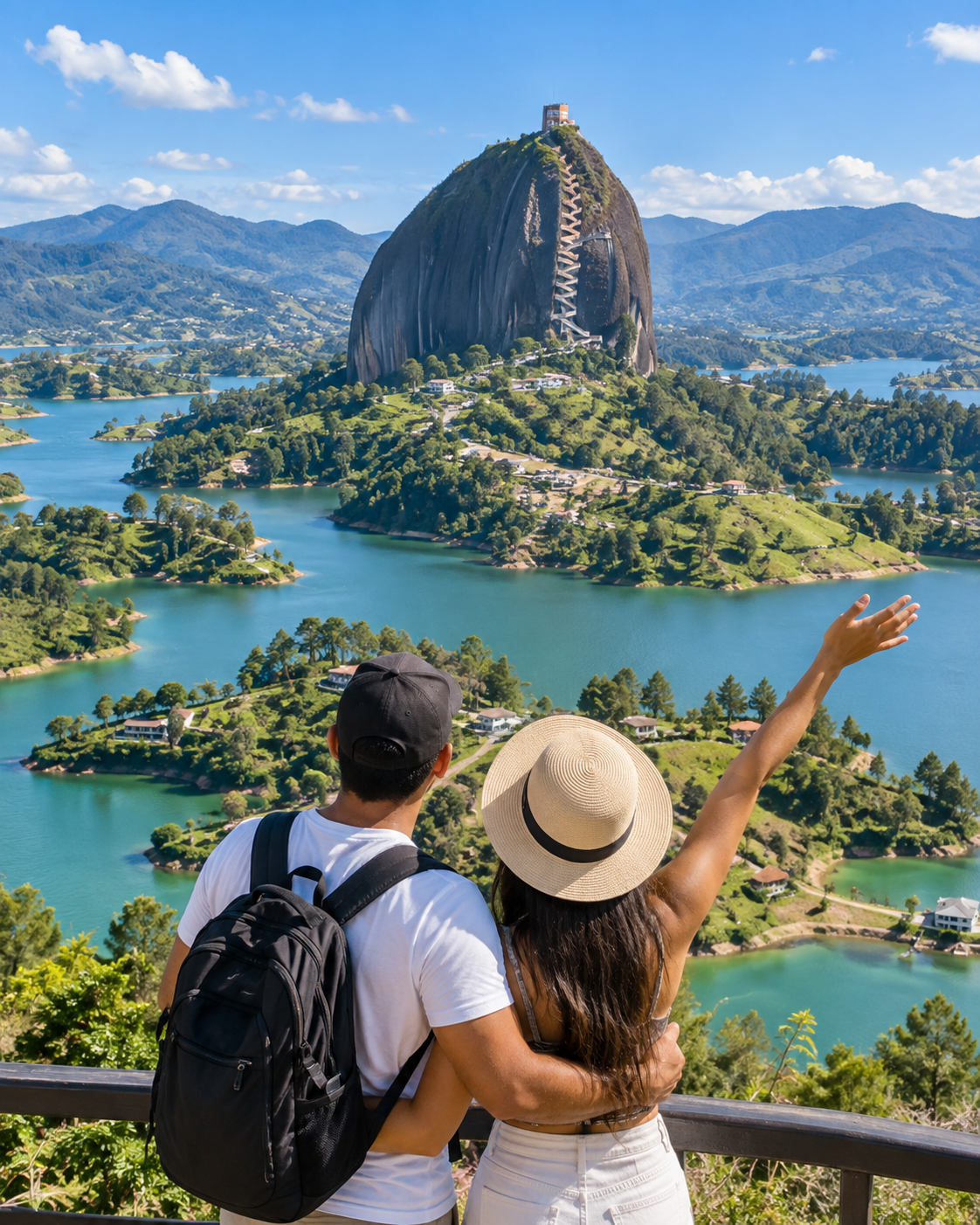 Pareja contemplando la Piedra del Peñol y la represa de Guatapé